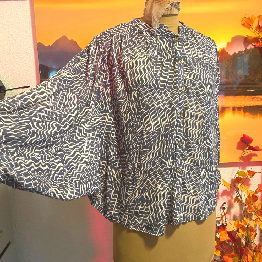 Pilcro Button Down Blouse Boho Oversized Top Women Dolman Sleeve Small Blue Gray